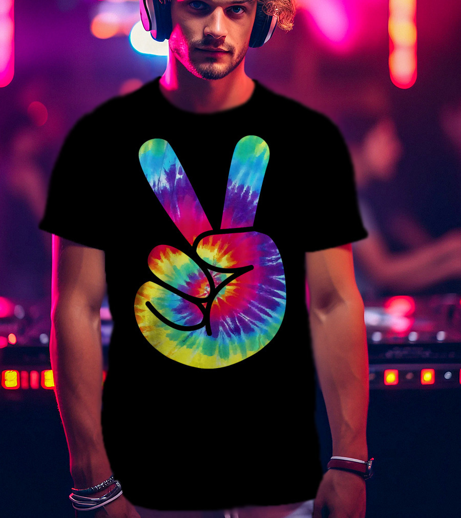 Groovy Tie Dye Peace Sign Two Finger Gesture T-Shirt