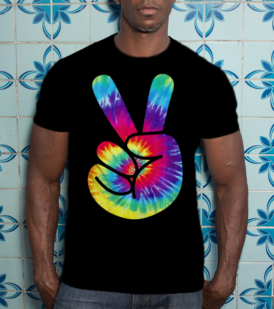Groovy Tie Dye Peace Sign Two Finger Gesture T-Shirt