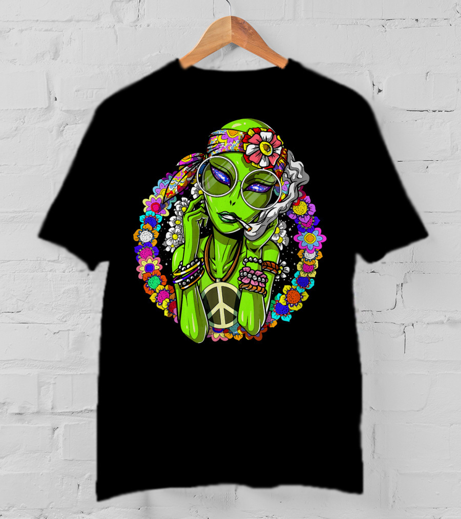 Psychedelic Hippie Alien Smoking With Peace Symbol Surrounded By Vibrant Flowers T-Shirt