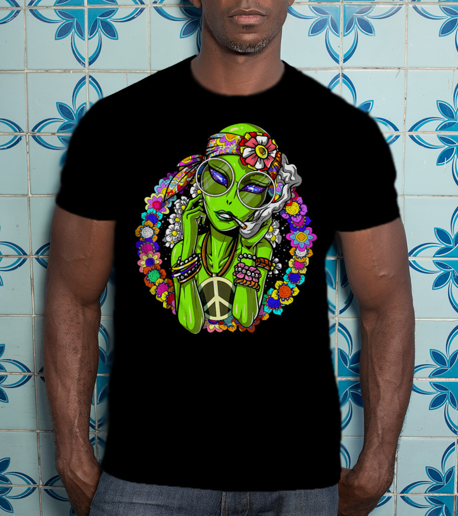 Psychedelic Hippie Alien Smoking With Peace Symbol Surrounded By Vibrant Flowers T-Shirt
