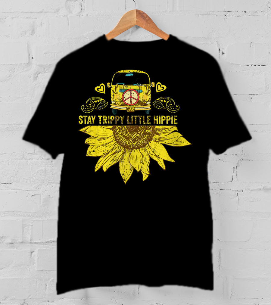 Stay Trippy Little Hippie Peace Sign Bus With Sunflower And Hearts T-Shirt
