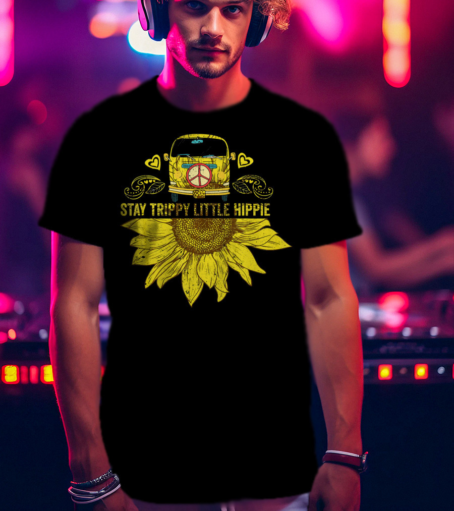 Stay Trippy Little Hippie Peace Sign Bus With Sunflower And Hearts T-Shirt