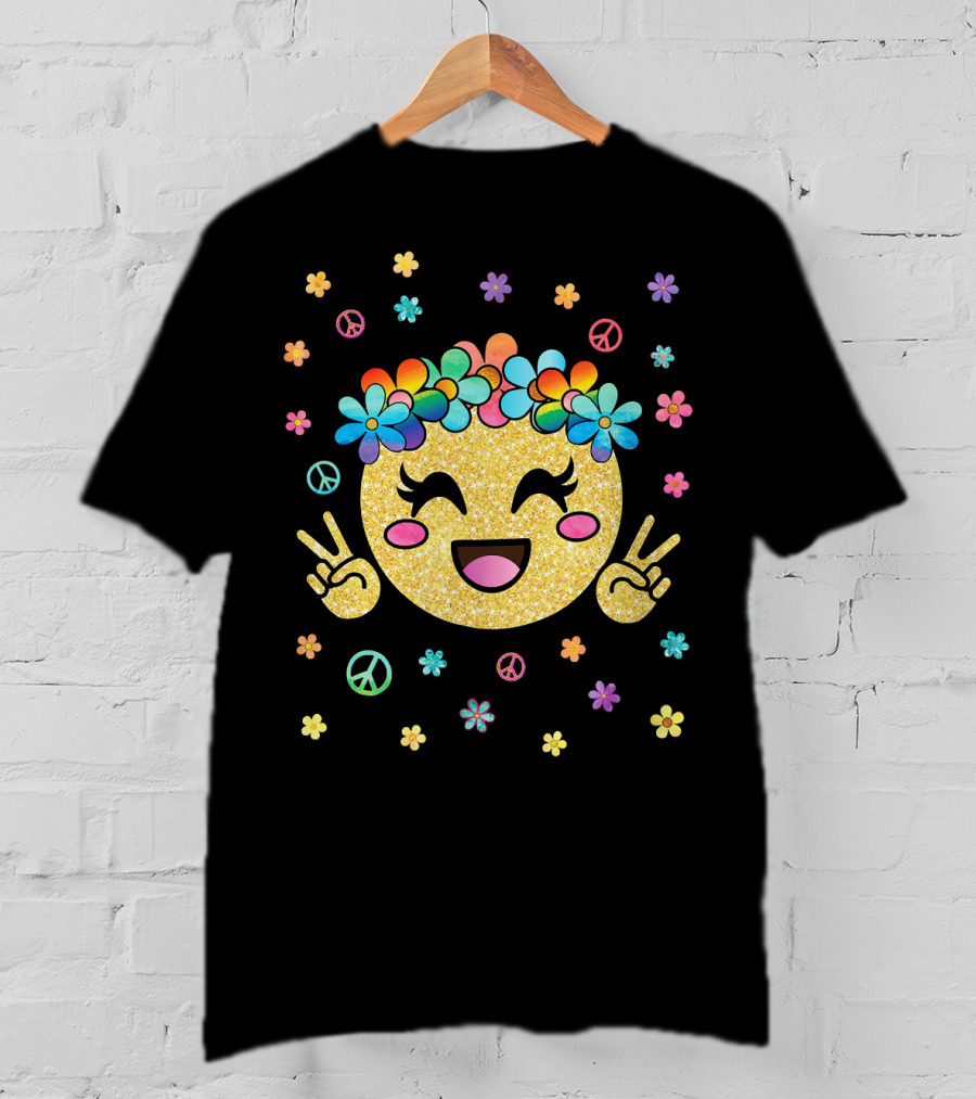 Emoji Kawaii Glitter Peace Rainbow Flower Crown T-Shirt