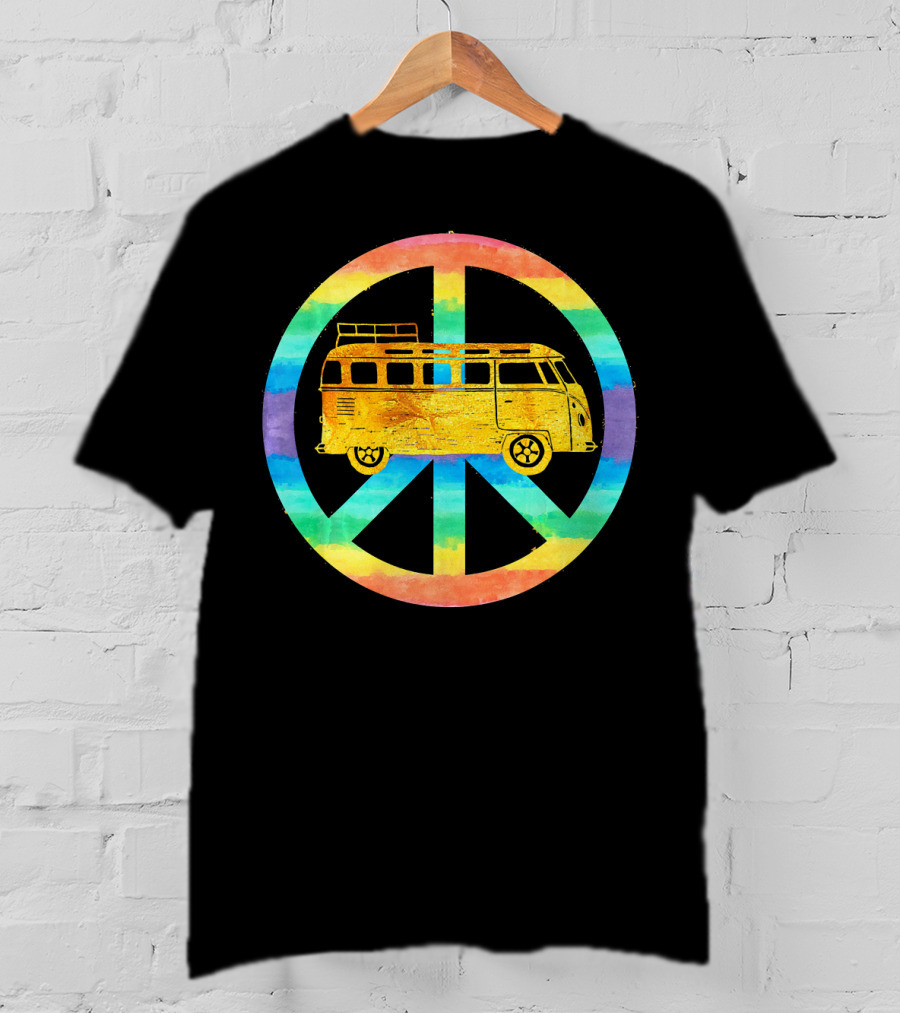 Vintage Hippie Bus Rainbow Van Peace Sign T-Shirt