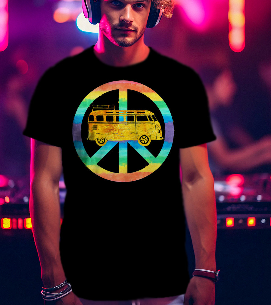 Vintage Hippie Bus Rainbow Van Peace Sign T-Shirt