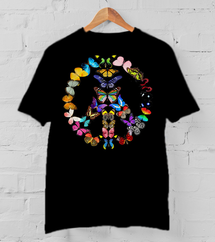 Peace Sign Butterflies 1960s Vibes Rainbow Colors T-Shirt