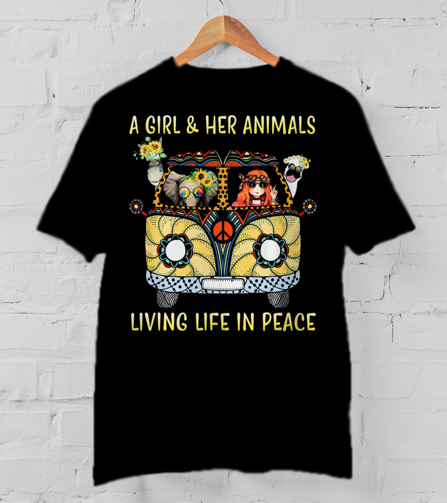 A Girl And Her Animals In A Hippie Van Living Life In Peace T-Shirt