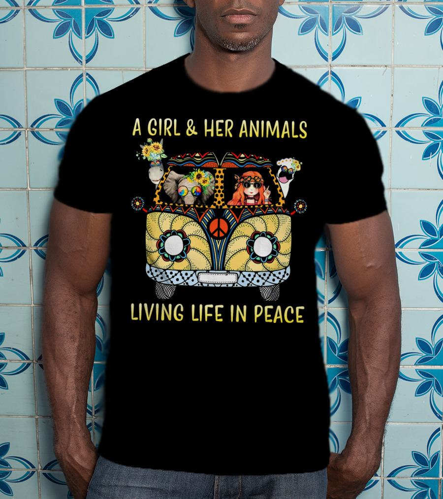 A Girl And Her Animals In A Hippie Van Living Life In Peace T-Shirt
