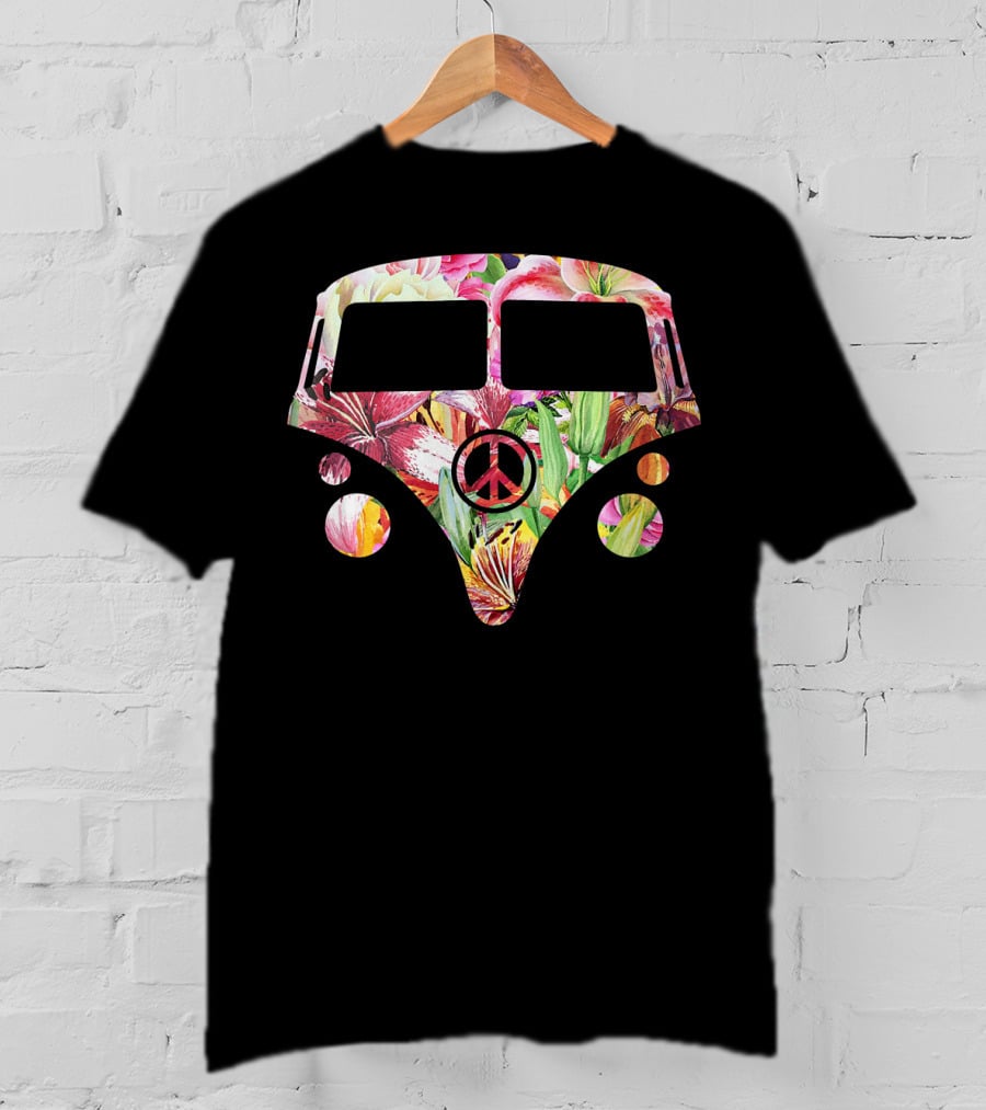 Peace Sign Floral Hippy Camper Van With Colorful Flower T-Shirt