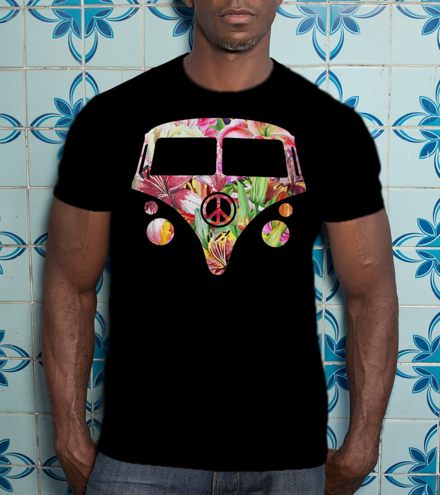 Peace Sign Floral Hippy Camper Van With Colorful Flower T-Shirt