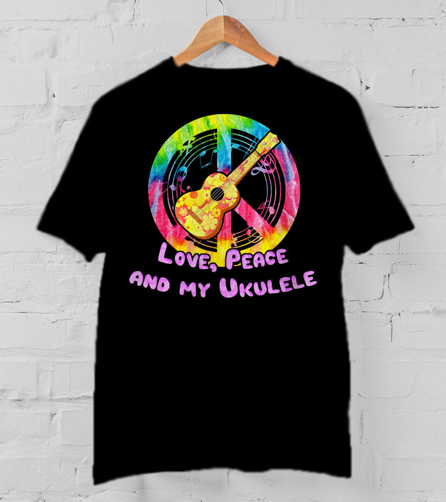 Love Peace And My Ukulele Music Hippi Rainbow Guitar Peace Sign T-Shirt