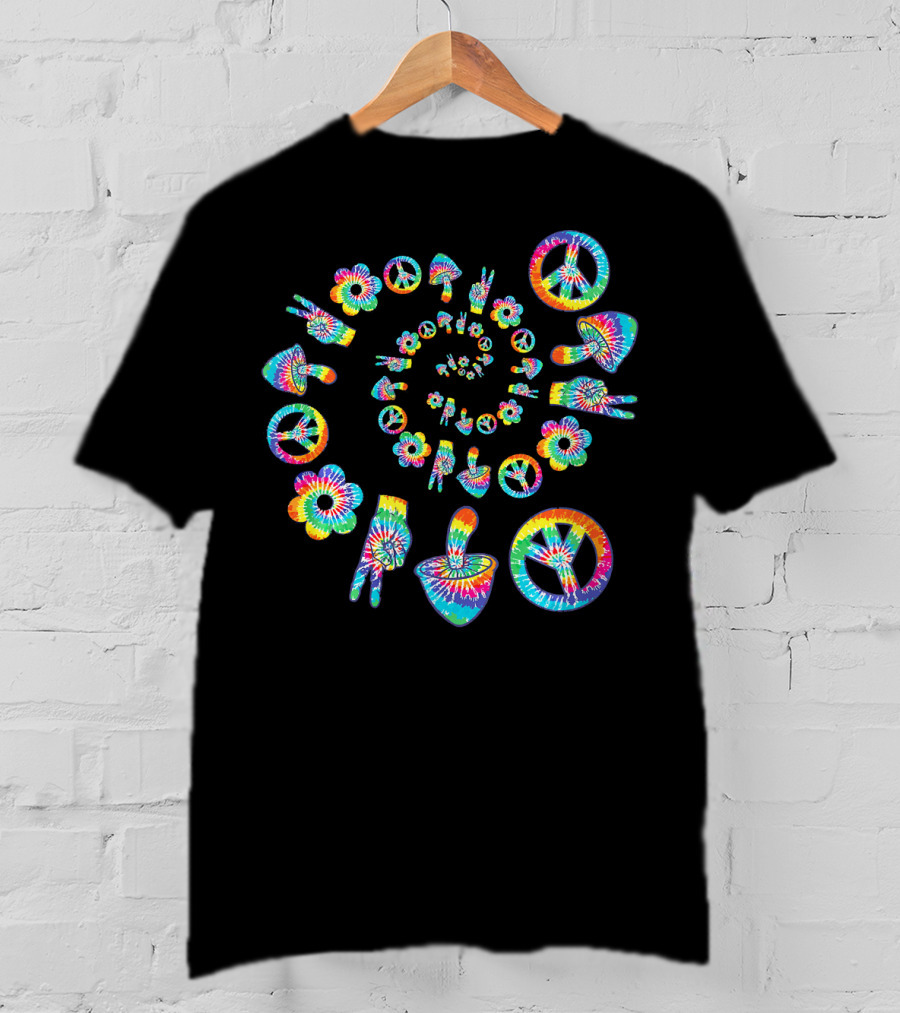 Trippy Peace Sign Tie-Dye Spiral With Colorful Hippie Mushroom And Flower Symbols T-Shirt
