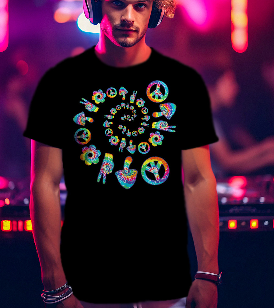 Trippy Peace Sign Tie-Dye Spiral With Colorful Hippie Mushroom And Flower Symbols T-Shirt
