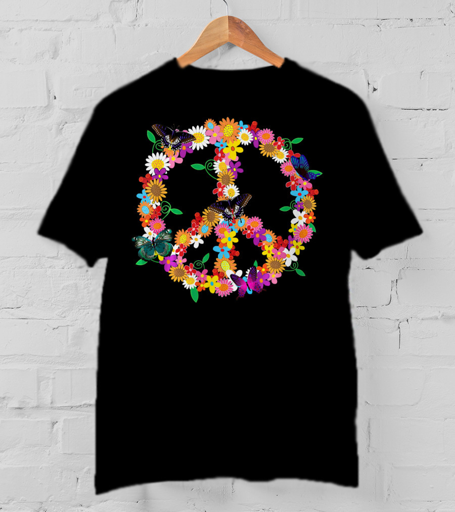 Fluttering Spring Flowers Peace Sign T-Shirt