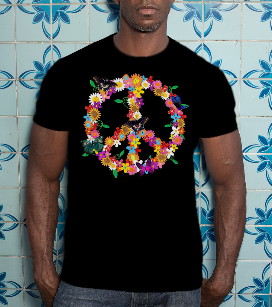Fluttering Spring Flowers Peace Sign T-Shirt