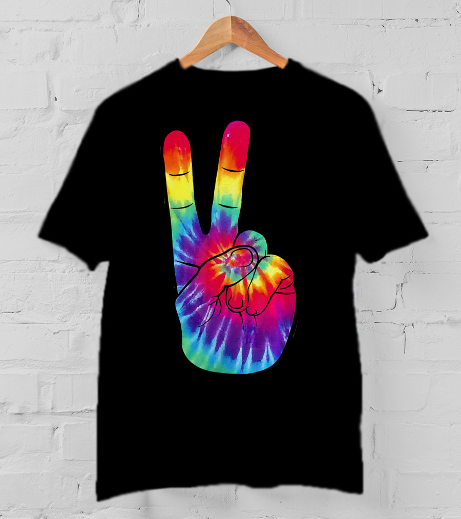 Tie Dye Peace Sign Hand Gesture Rainbow Victory T-Shirt