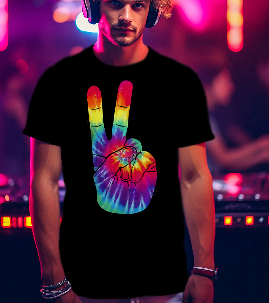 Tie Dye Peace Sign Hand Gesture Rainbow Victory T-Shirt