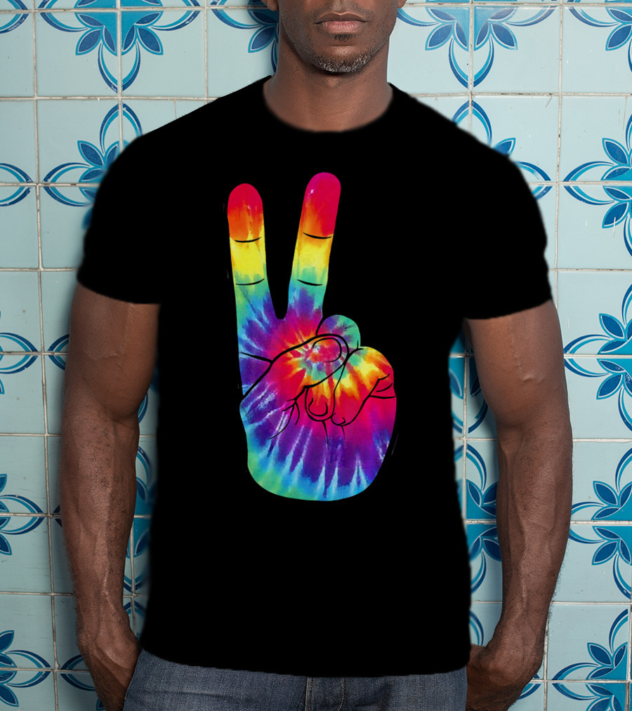 Tie Dye Peace Sign Hand Gesture Rainbow Victory T-Shirt