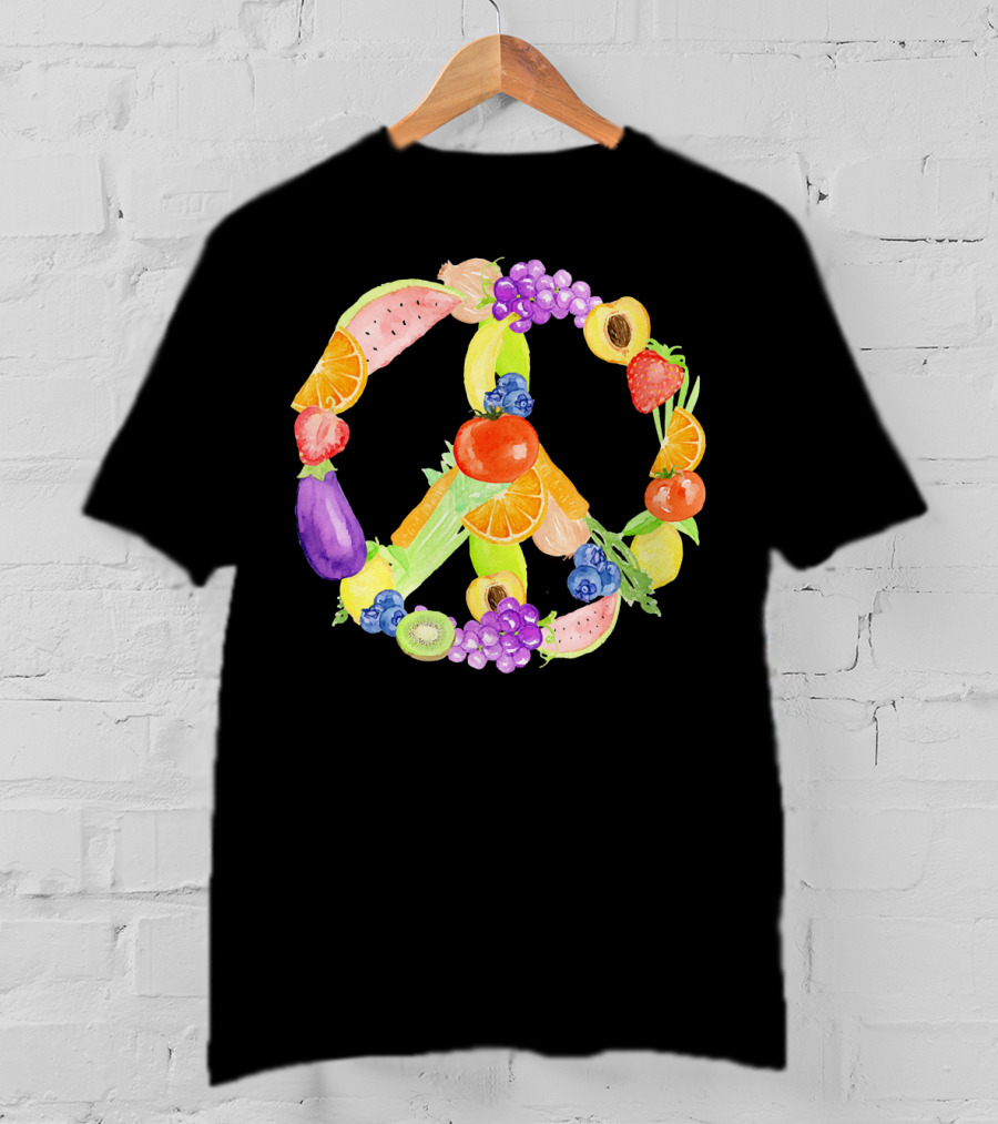 Vegan Fruits Vegetables Peace Sign Watermelon Orange Strawberry Eggplant Banana Kiwi T-Shirt