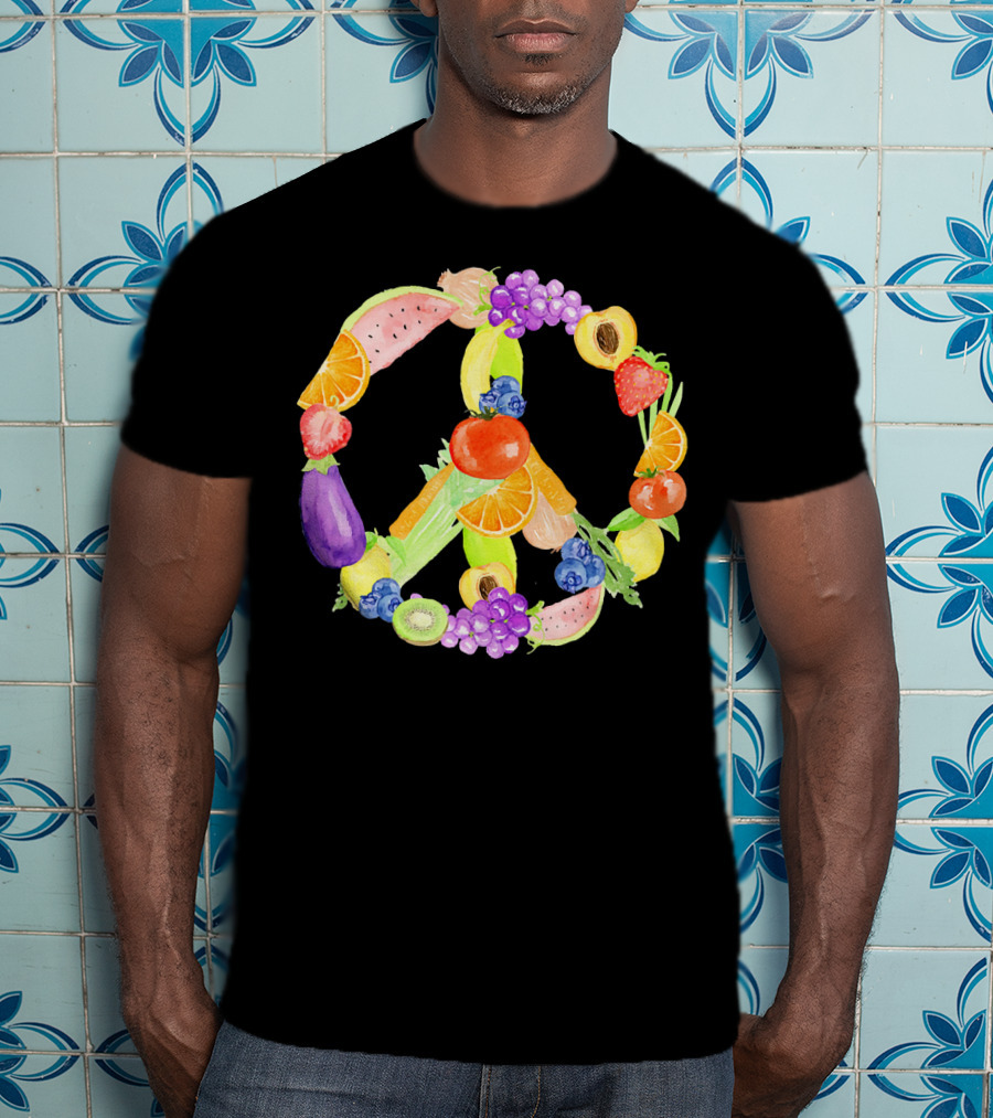 Vegan Fruits Vegetables Peace Sign Watermelon Orange Strawberry Eggplant Banana Kiwi T-Shirt