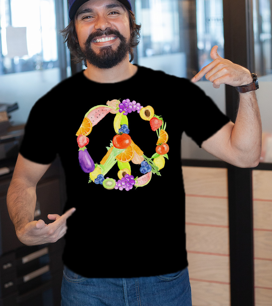 Vegan Fruits Vegetables Peace Sign Watermelon Orange Strawberry Eggplant Banana Kiwi T-Shirt
