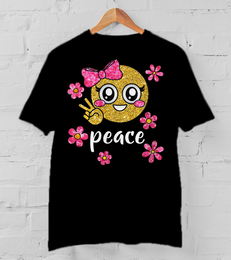 Cute Kawaii Emoji Glitter Peace Sign With Pink Flowers T-Shirt