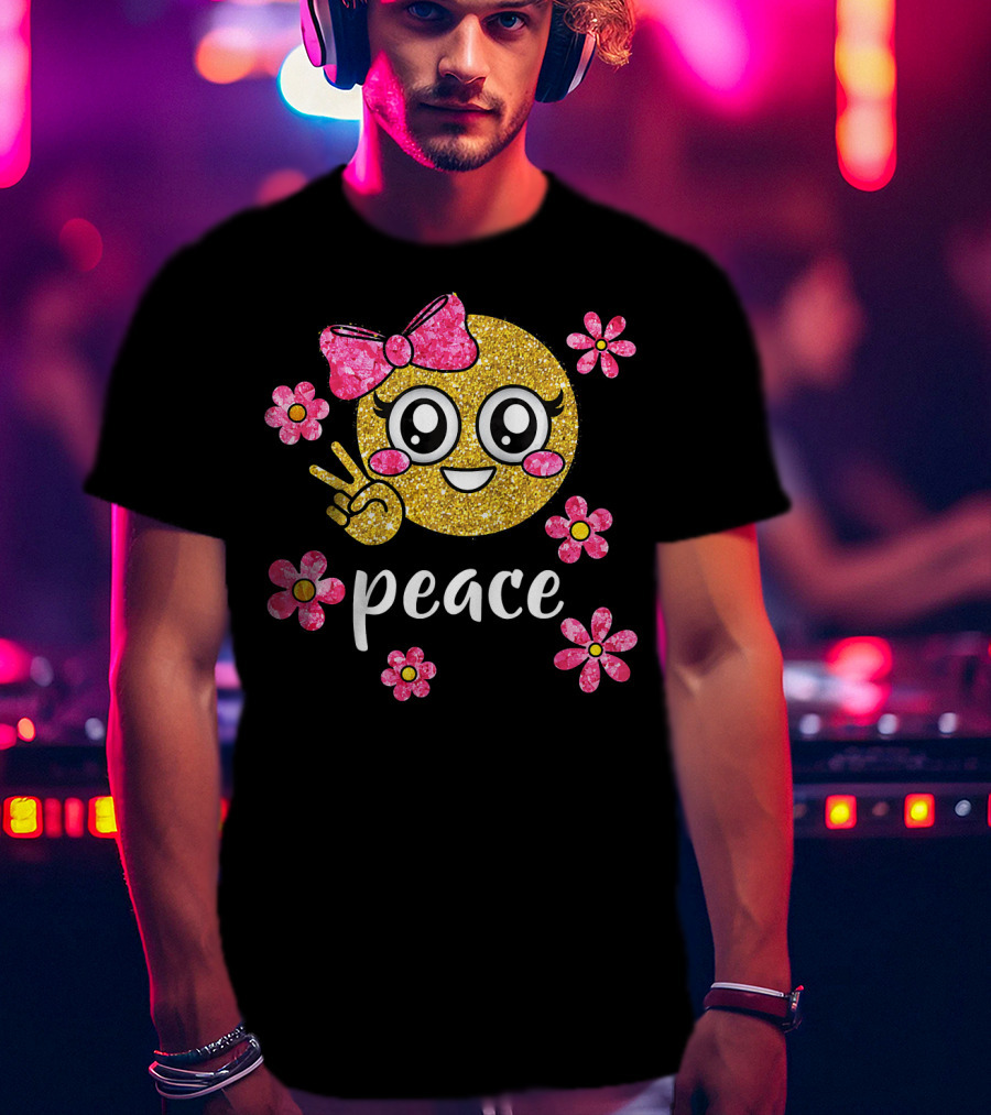 Cute Kawaii Emoji Glitter Peace Sign With Pink Flowers T-Shirt