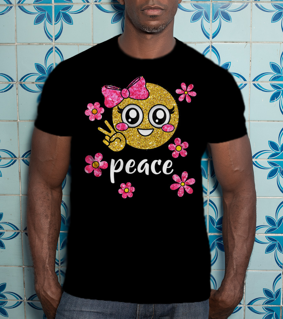 Cute Kawaii Emoji Glitter Peace Sign With Pink Flowers T-Shirt