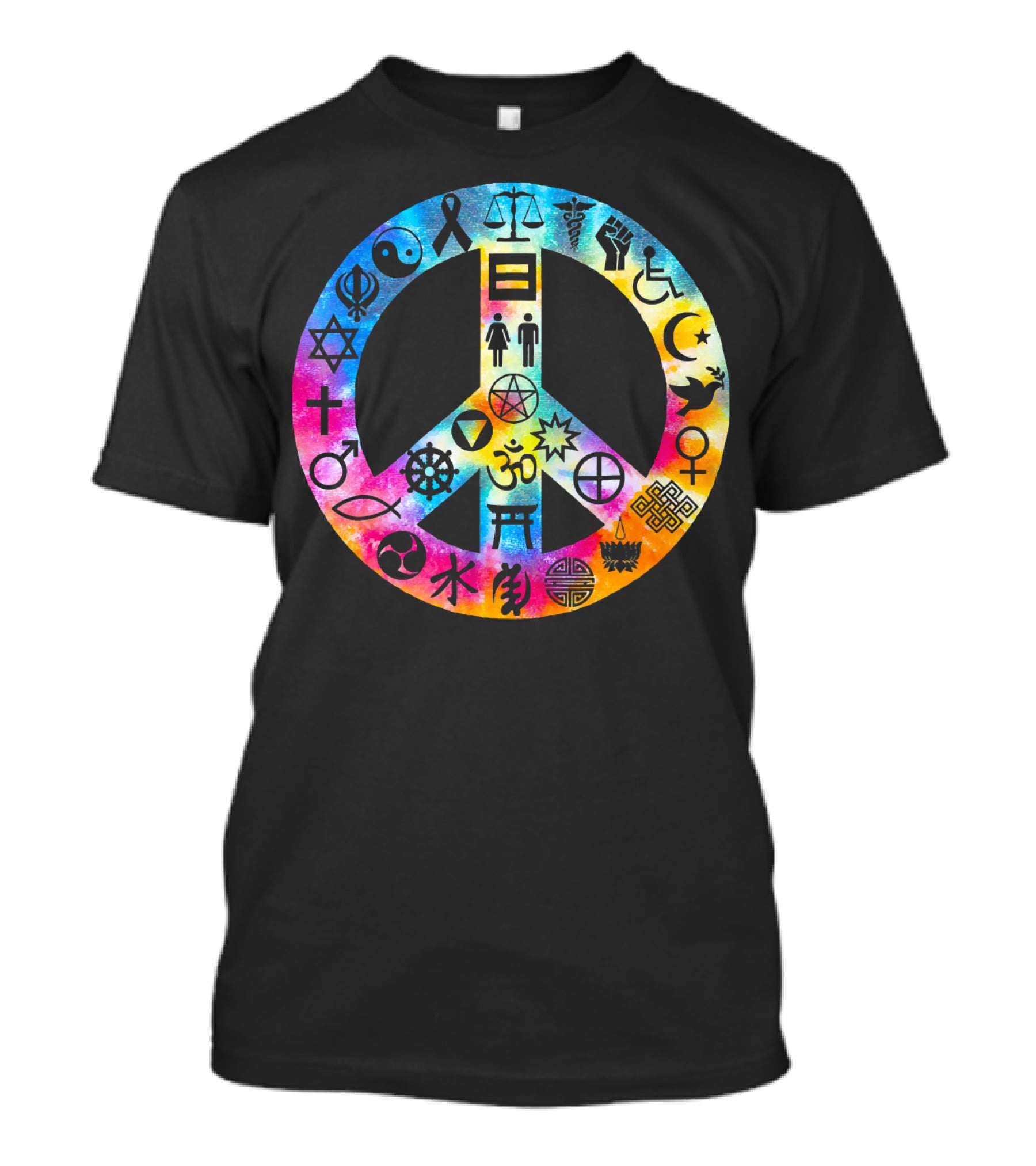Human Rights Peace Symbol Tie Dye With Diverse Religious And Cultural Icons T-Shirt