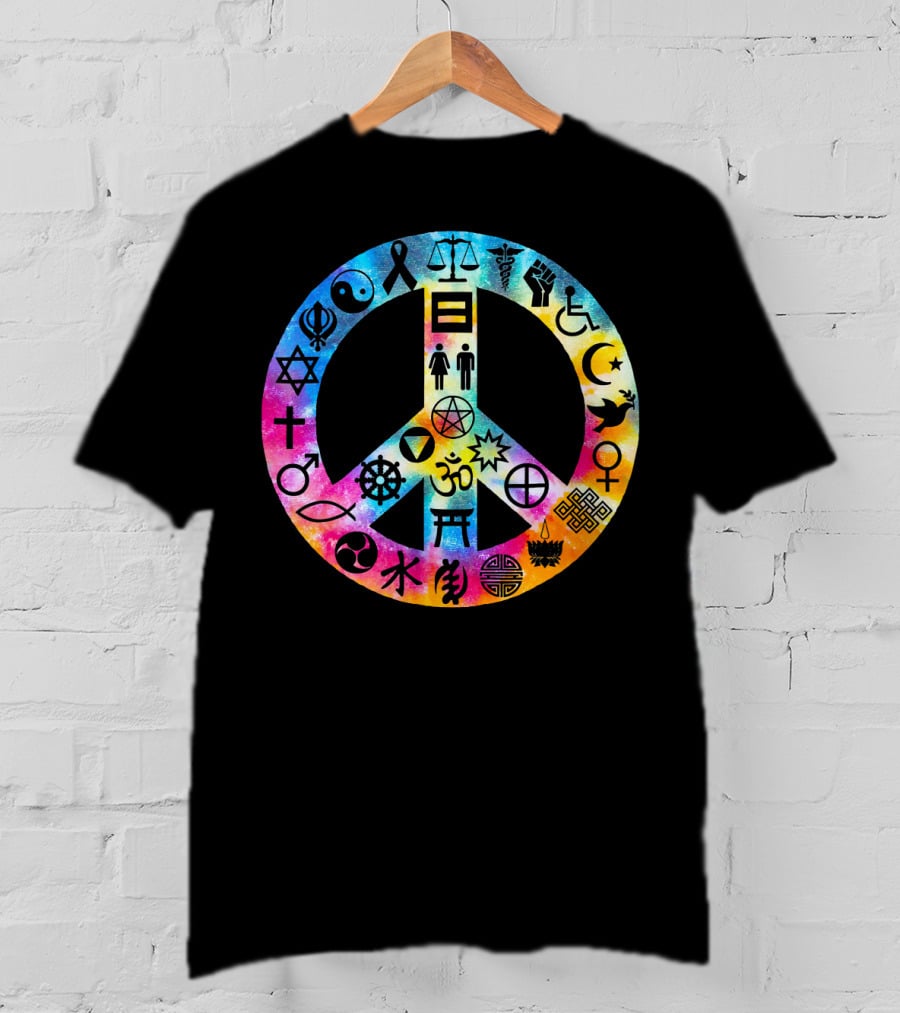 Human Rights Peace Symbol Tie Dye With Diverse Religious And Cultural Icons T-Shirt