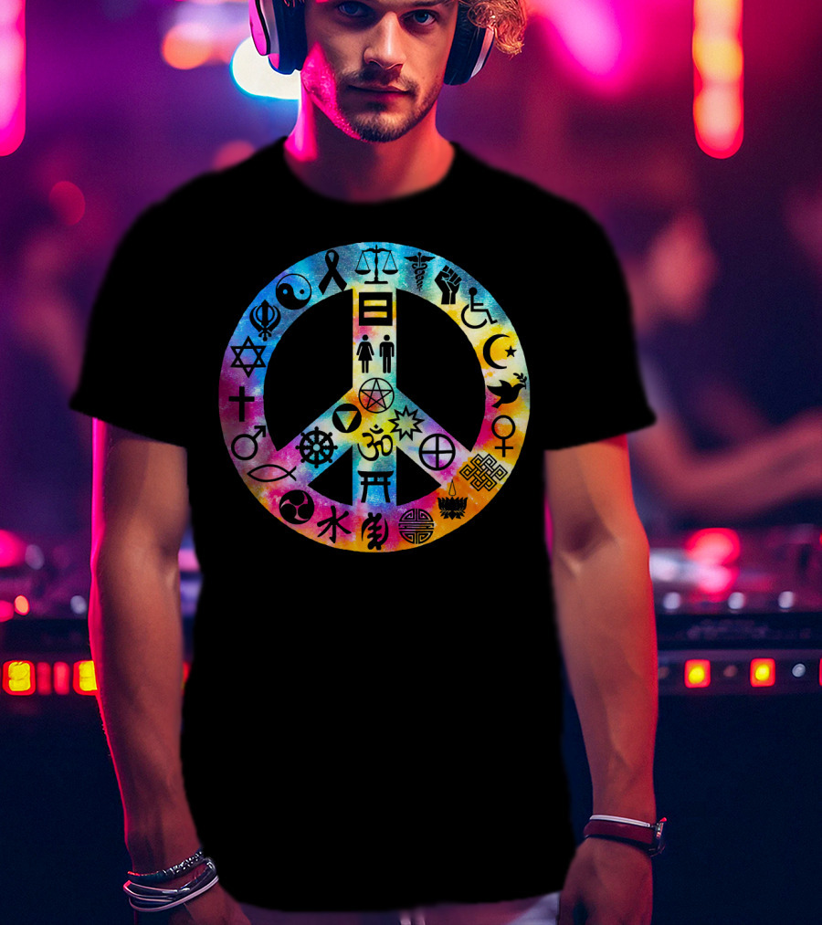 Human Rights Peace Symbol Tie Dye With Diverse Religious And Cultural Icons T-Shirt