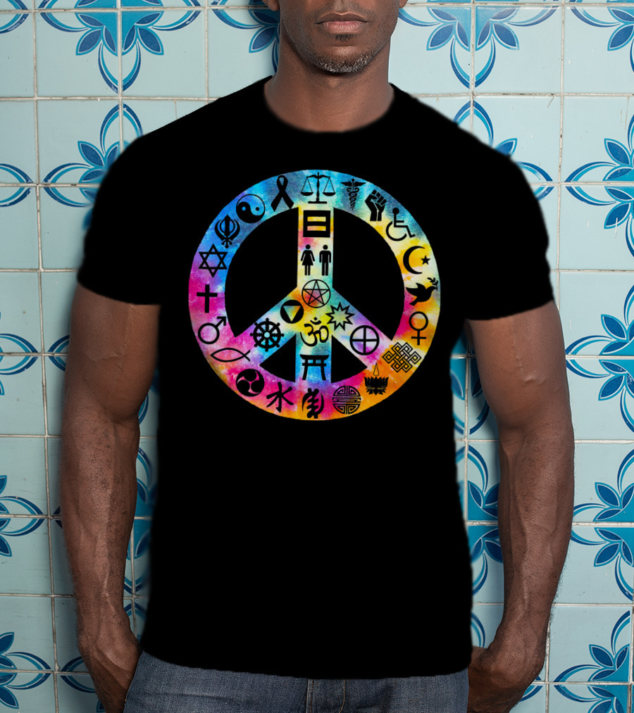 Human Rights Peace Symbol Tie Dye With Diverse Religious And Cultural Icons T-Shirt