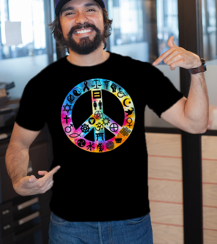 Human Rights Peace Symbol Tie Dye With Diverse Religious And Cultural Icons T-Shirt