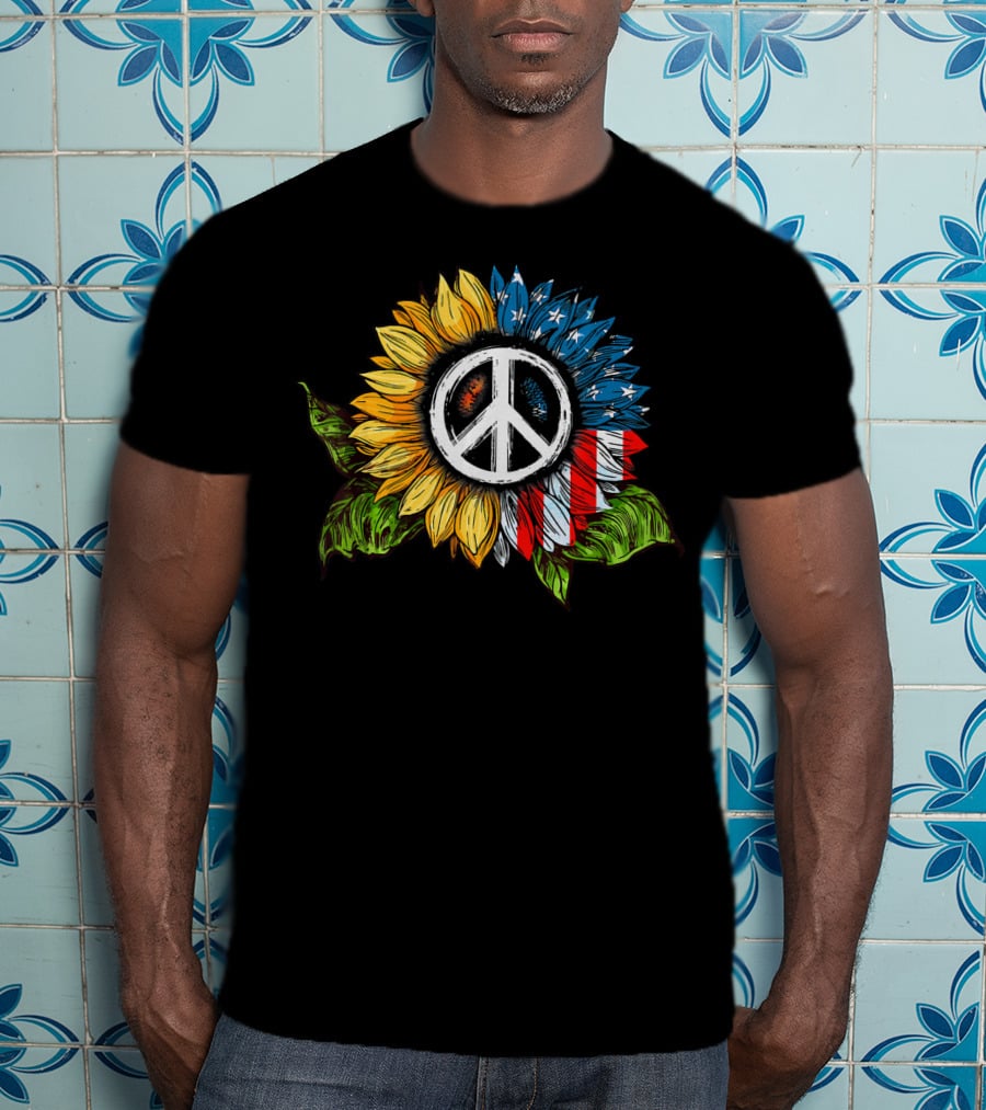 Sunflower Peace Sign American Flag T-Shirt