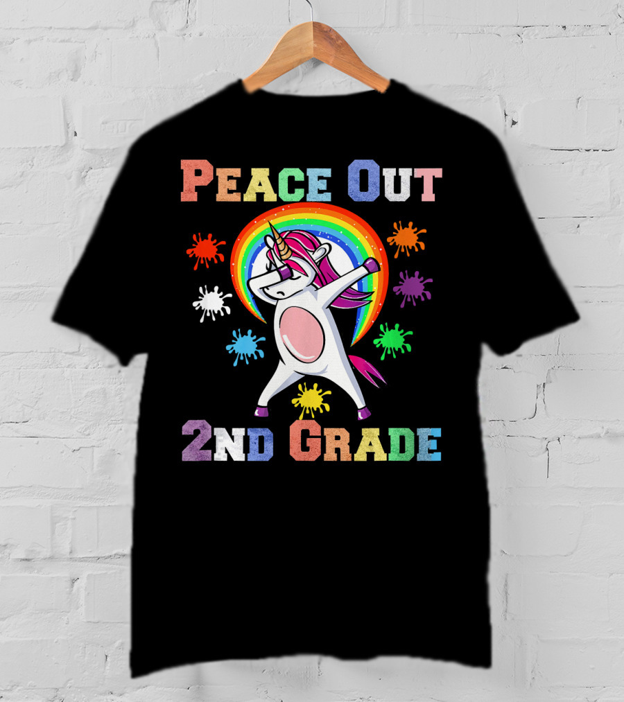 Peace Out 2nd Grade Unicorn Dabbin Rainbow Splash T-Shirt