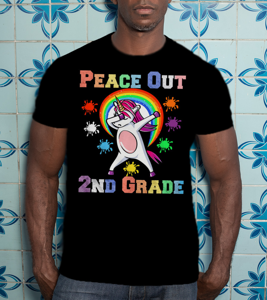 Peace Out 2nd Grade Unicorn Dabbin Rainbow Splash T-Shirt