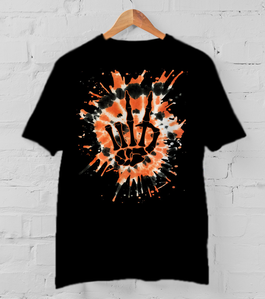 Orange Tie Dye Skeleton Hand Peace Sign T-Shirt
