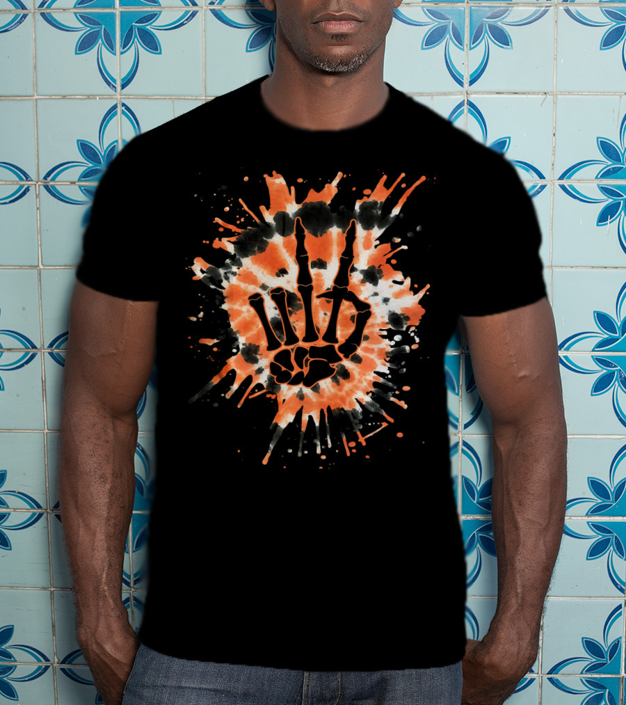 Orange Tie Dye Skeleton Hand Peace Sign T-Shirt