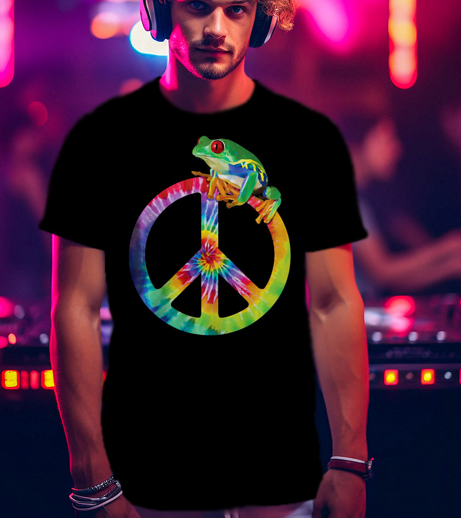 Tie Dye Tree Frog On Peace Sign T-Shirt