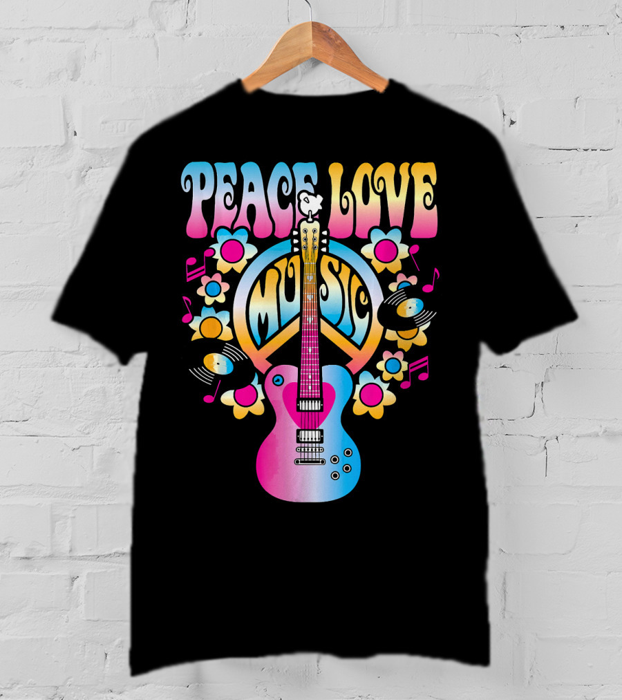 PEACE LOVE MUSIC Retro Rock And Roll Guitar Groovy 60s Style With Flowers And Peace T-Shirt