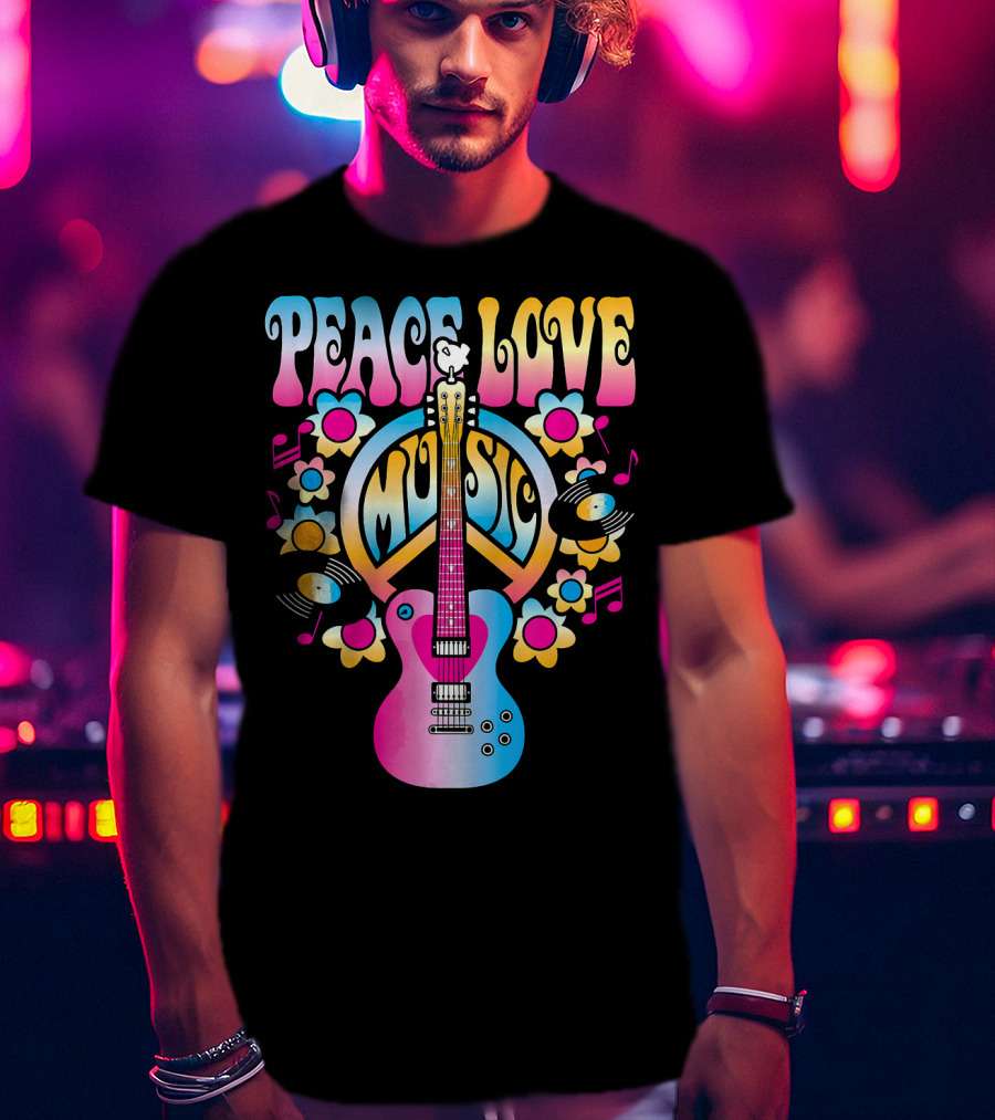 PEACE LOVE MUSIC Retro Rock And Roll Guitar Groovy 60s Style With Flowers And Peace T-Shirt