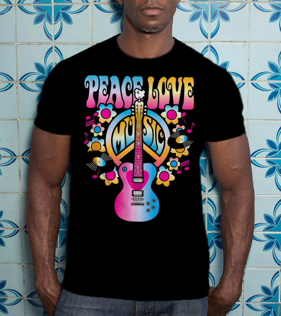 PEACE LOVE MUSIC Retro Rock And Roll Guitar Groovy 60s Style With Flowers And Peace T-Shirt