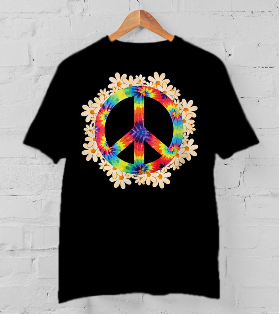 Rainbow Tie-Dye Peace Sign With Daisy Border T-Shirt
