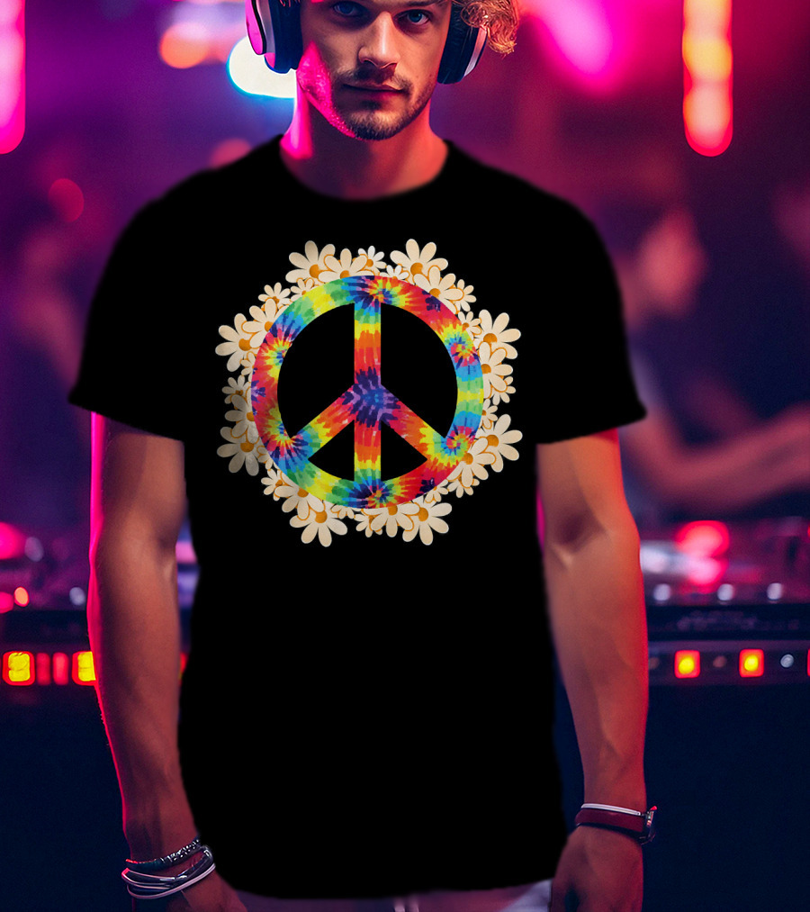 Rainbow Tie-Dye Peace Sign With Daisy Border T-Shirt