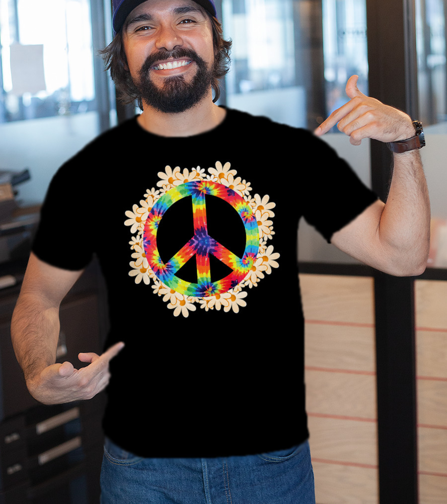 Rainbow Tie-Dye Peace Sign With Daisy Border T-Shirt