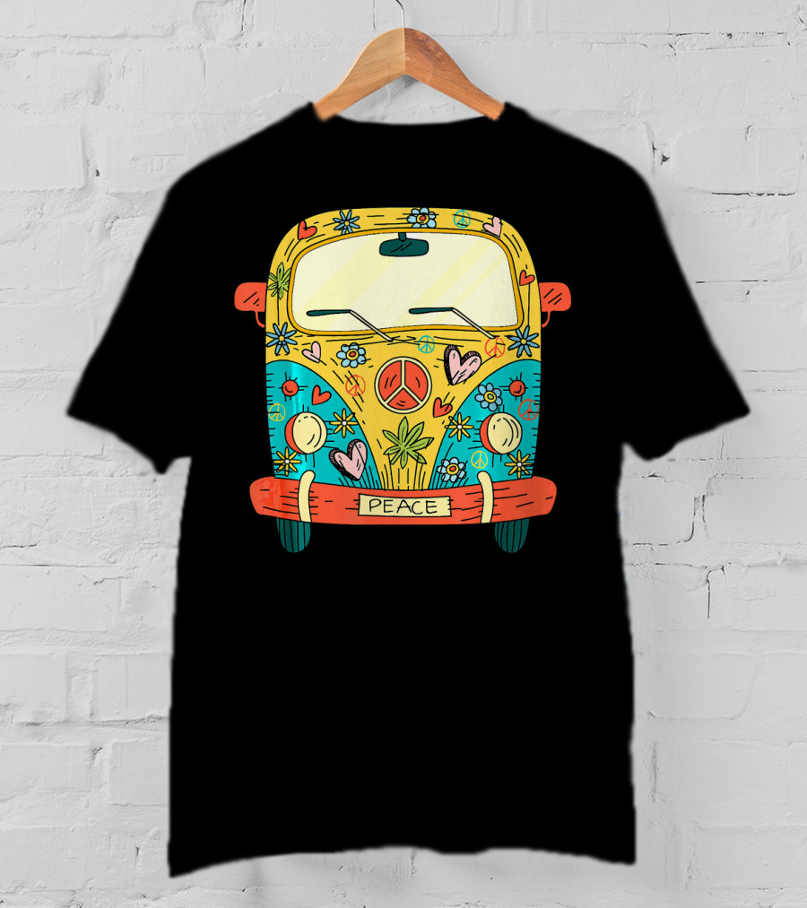 Peace Hippie Van Colorful Flowers And Hearts T-Shirt