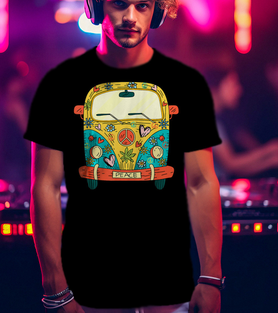 Peace Hippie Van Colorful Flowers And Hearts T-Shirt