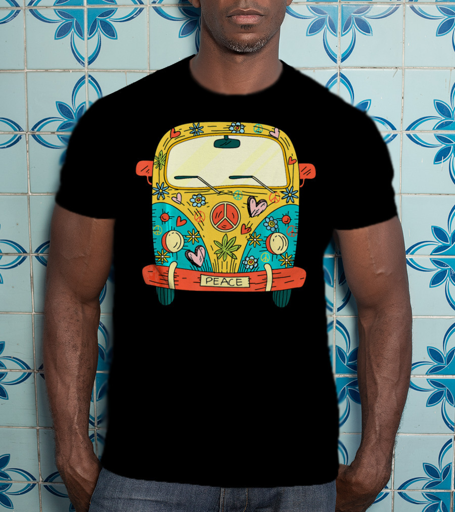 Peace Hippie Van Colorful Flowers And Hearts T-Shirt