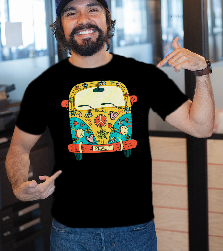 Peace Hippie Van Colorful Flowers And Hearts T-Shirt