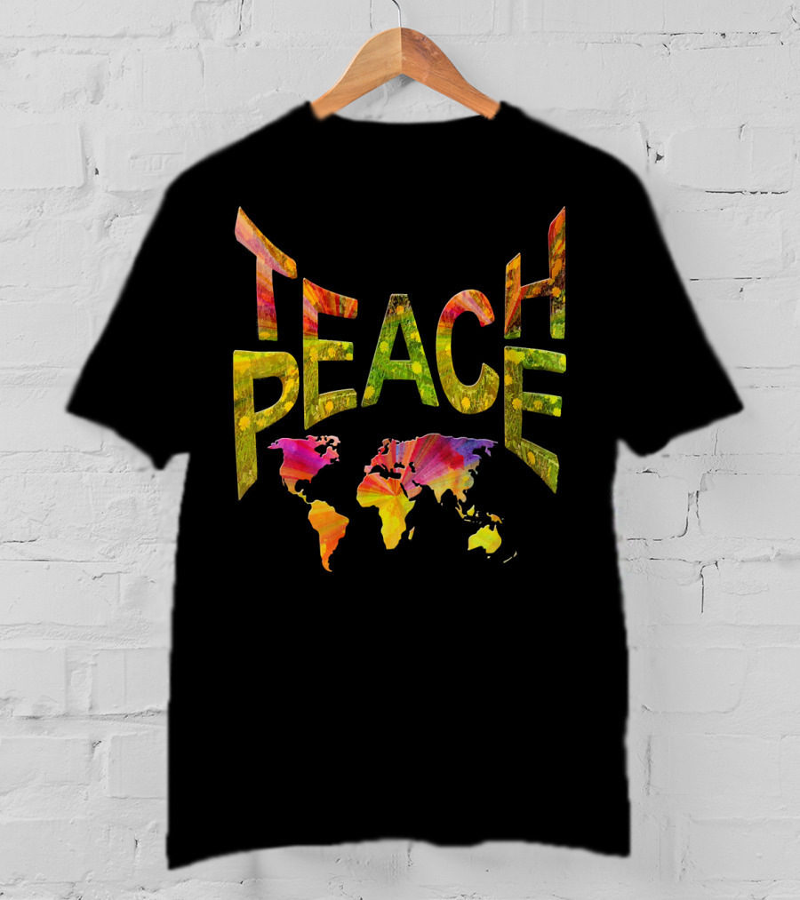 Teach Peace Nadine May World Map Colorful Letters T-Shirt